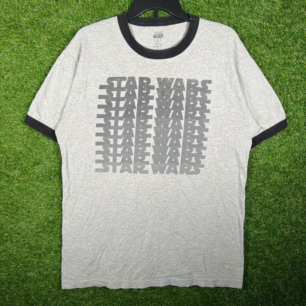 Disney Parks Star Wars Mens Large Grey Ringer T-Shirt Stacked Logo Graphic